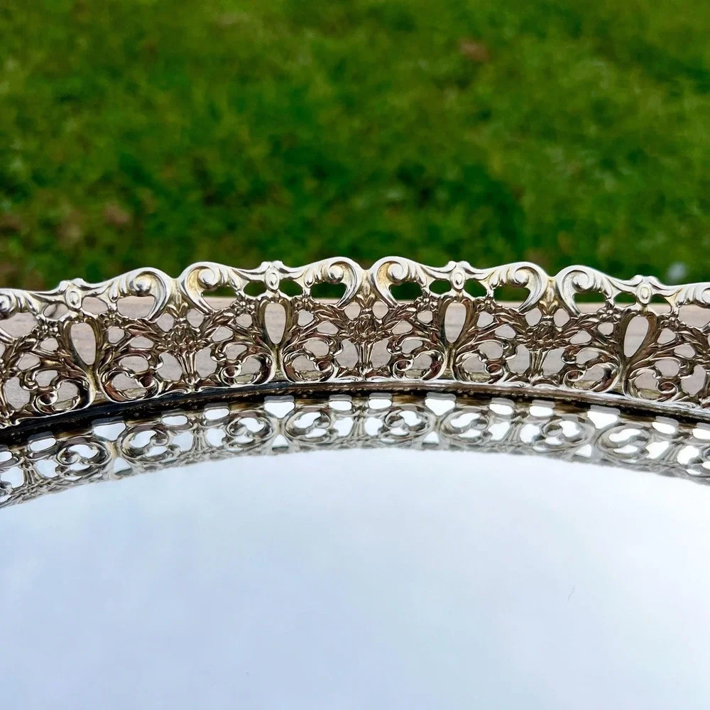 Vintage Oval Gold Filigree Vanity Mirror Tray